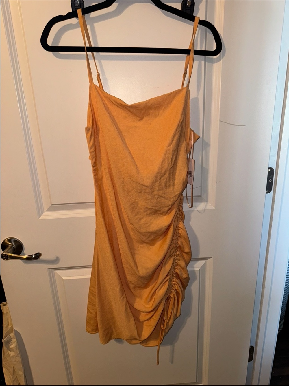 Dry Goods Orange Ruched Spaghetti Strap Mini Dress